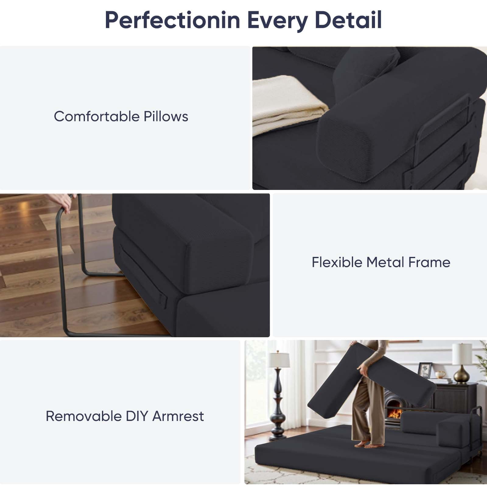 ZAFLY Convertible Sleeper Sofa Bed, Corduroy Boneless Couch with Removable Armrests, Floor Gaming Sofa for Living Room/Small Space