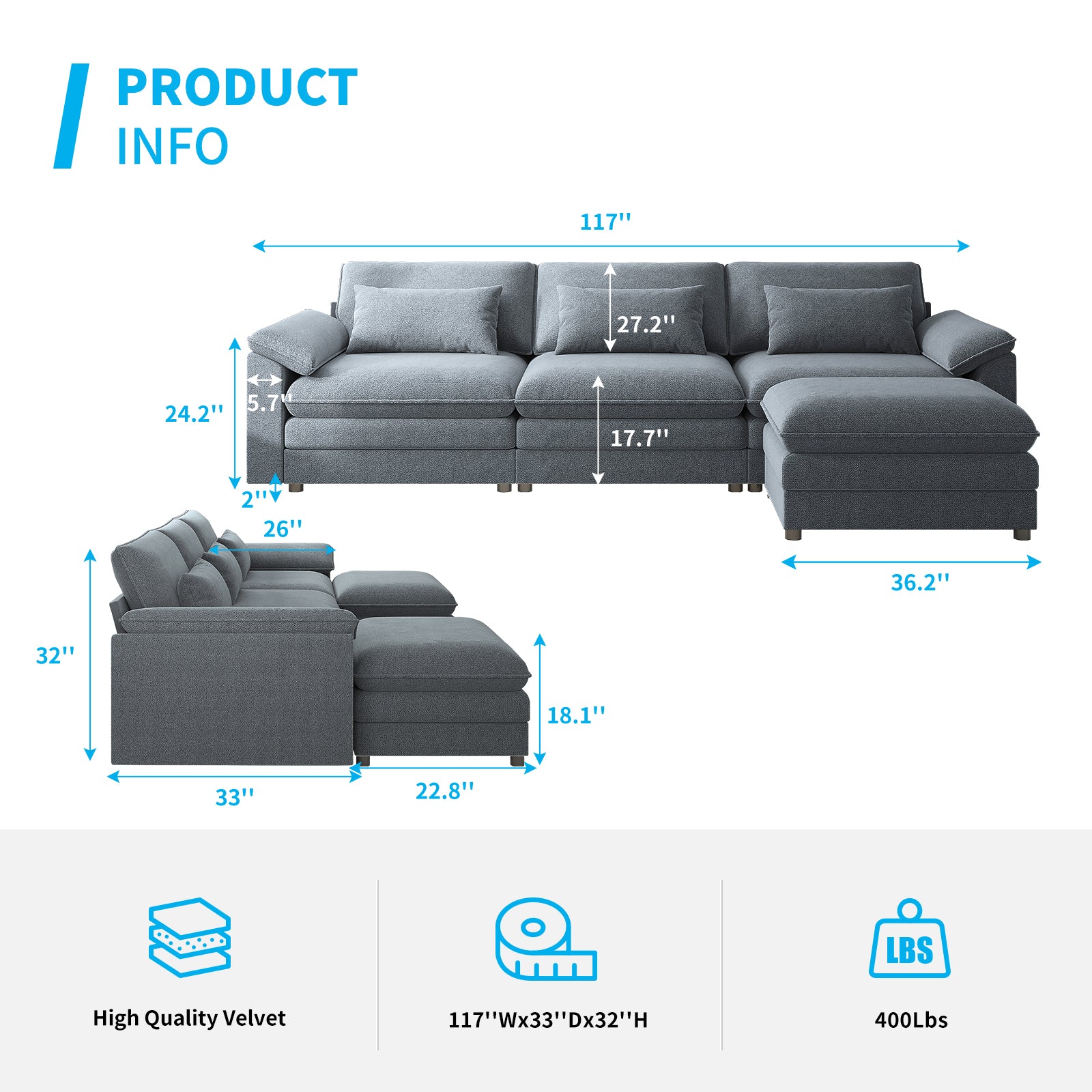 Puremind 117" Oversized L Shaped Sectional Sofa, Modular Couches and Sofas with Pillows, Chenille Comfy Cloud Couch for Living Room/Apartment