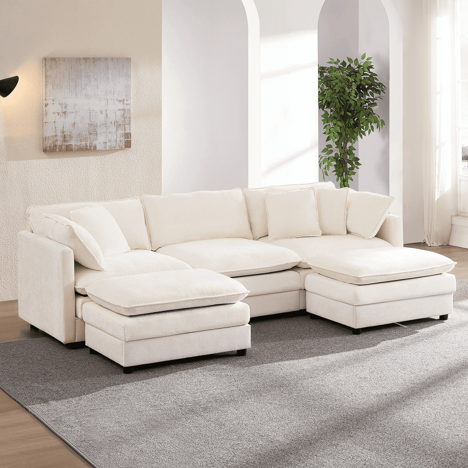 ijuicy 113'' U/L Shaped Sectional Sofa with Movable Ottomans, Modular Chenille Deep Seat Couches for Living Room -