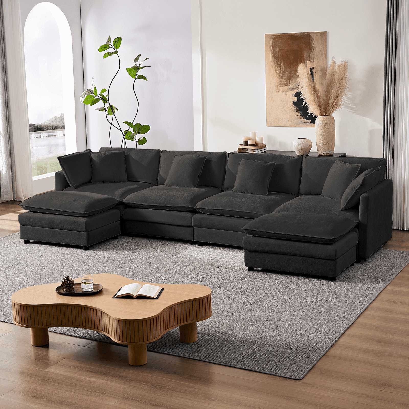 ijuicy 113'' U/L Shaped Sectional Sofa with Movable Ottomans, Modular Chenille Deep Seat Couches for Living Room -
