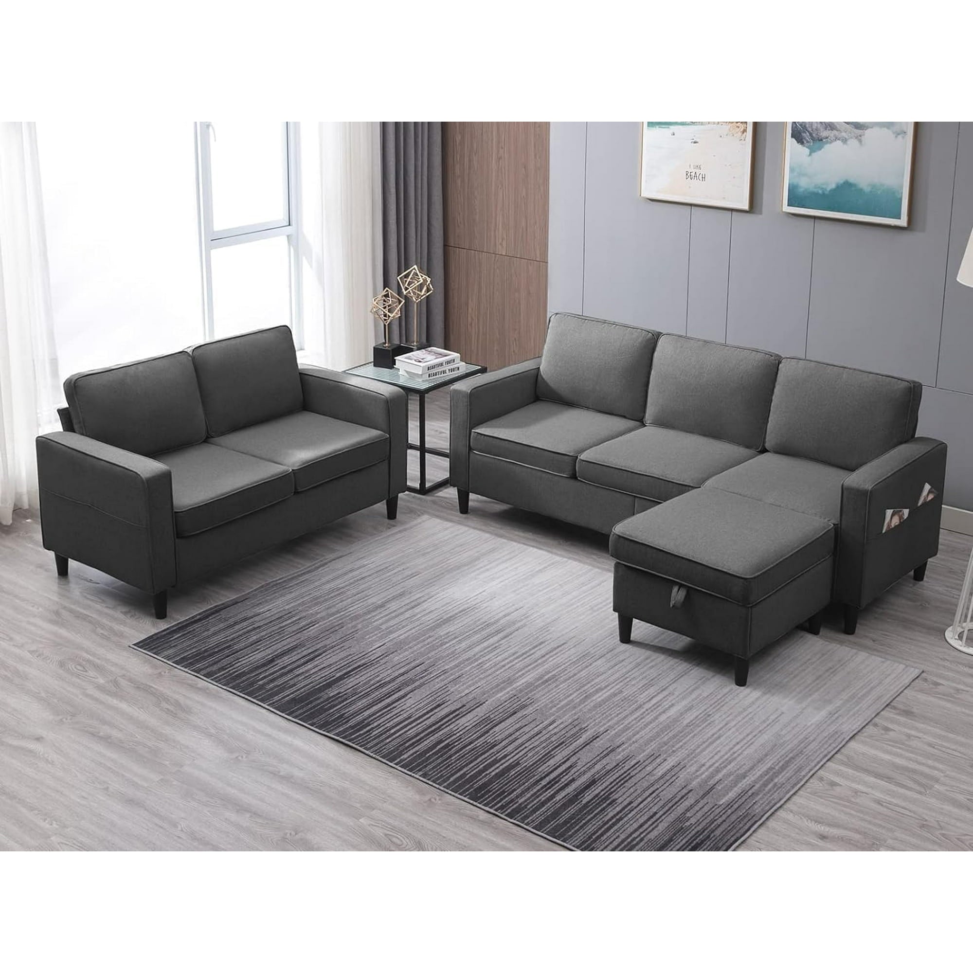 ijuicy Sectional Sofa Set,3PCS Living Room Furniture Couch Sets with Movable Storage Ottoman & Side Pockets,Include Sofa,Loveseat&Chair