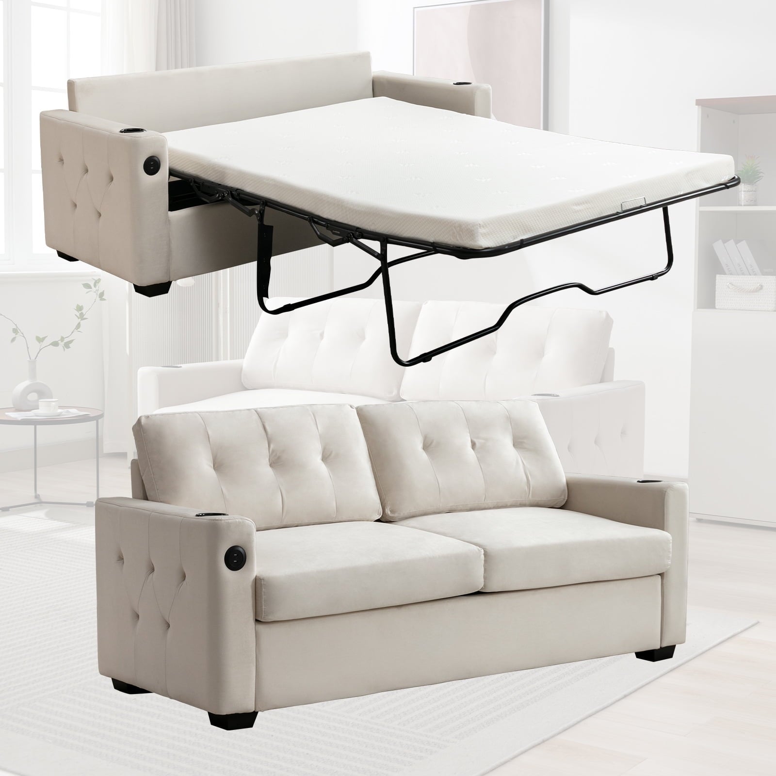 ijuicy 2 in 1 Pull Out Couch Bed, Convertible Sleeper Sofa Queen Size, Sofa Bed with USB Port for Living Room