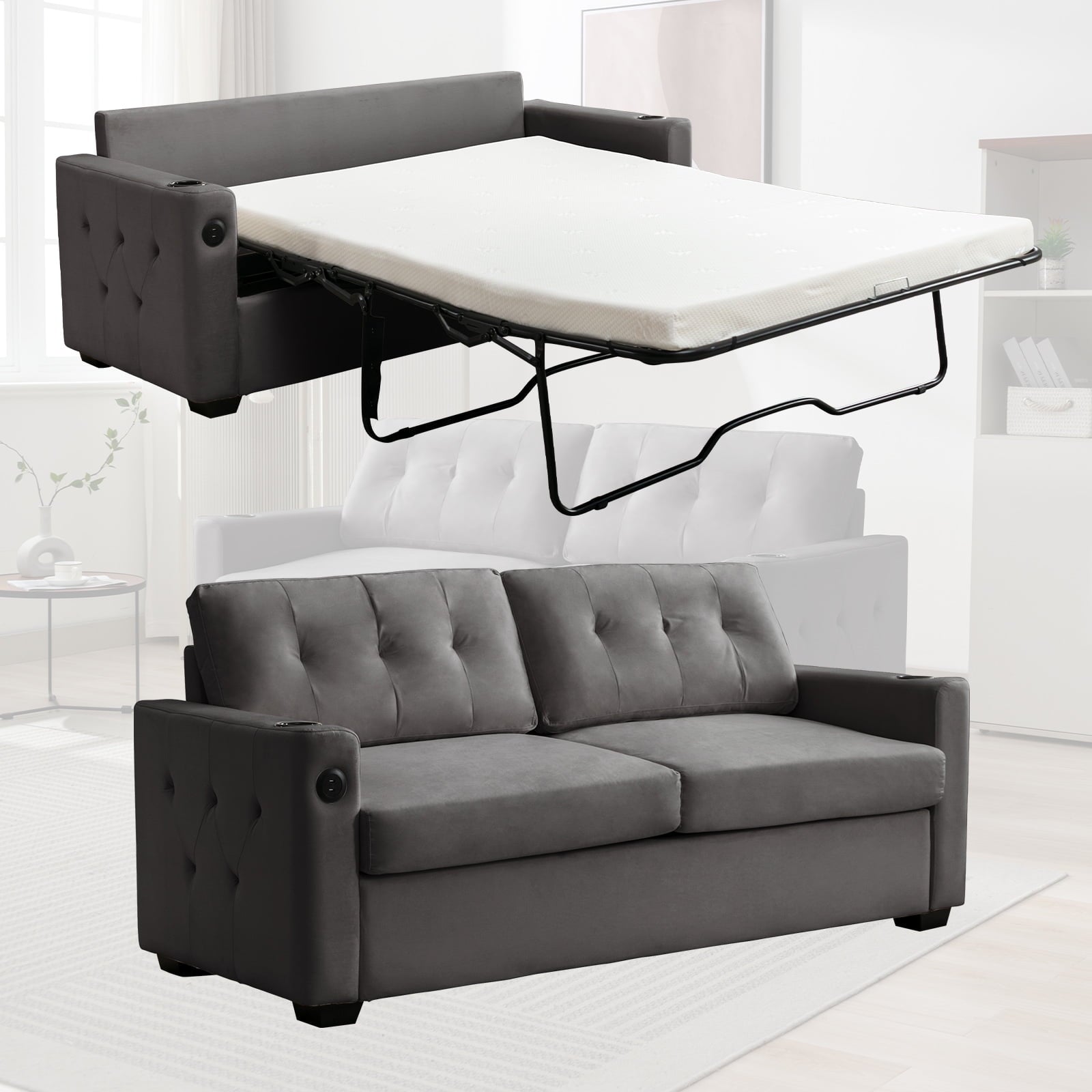 ijuicy 2 in 1 Pull Out Couch Bed, Convertible Sleeper Sofa Queen Size, Sofa Bed with USB Port for Living Room