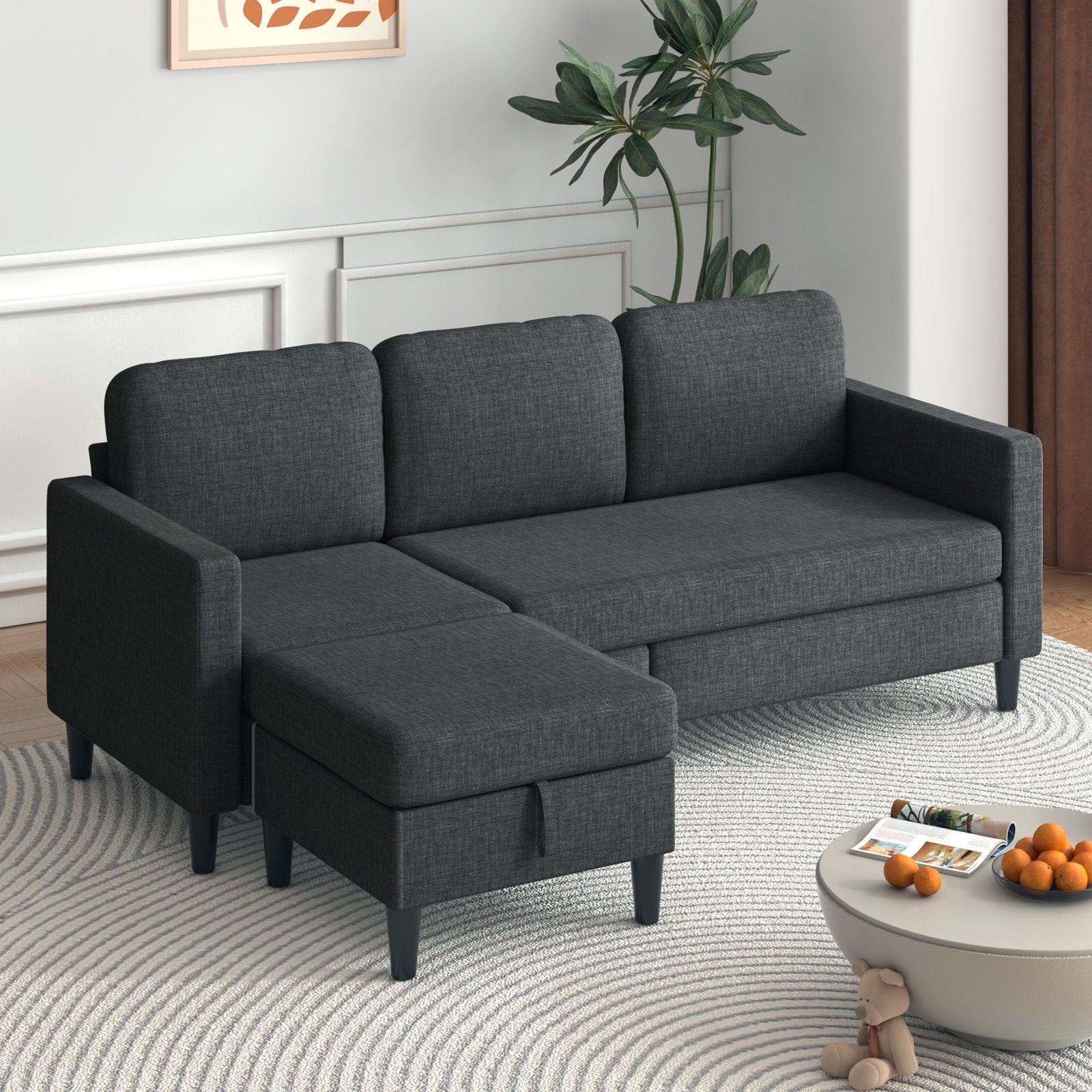 ijuicy 76'' Reversible Sectional Sofa with Storage Ottoman, 3 Seater L Shaped Sofa for Living Room
