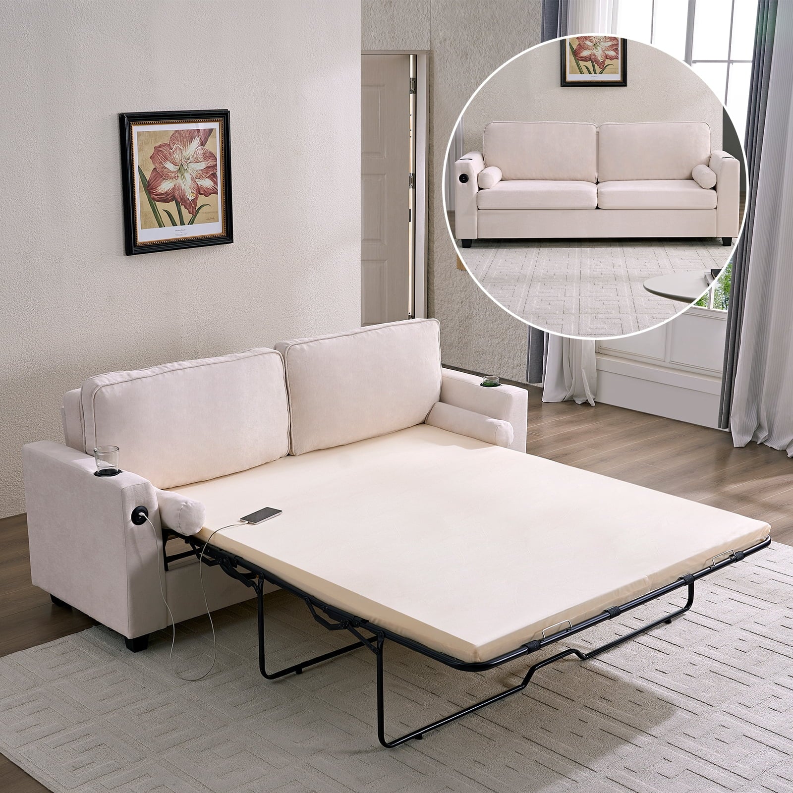 ijuicy 2 in 1 Pull Out Couch Bed, Convertible Sleeper Sofa Queen Size, Sofa Bed with USB Port for Living Room