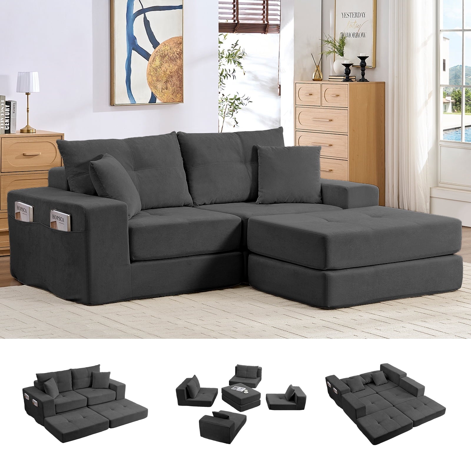 ijuicy Modular Floor Sofa Bed, 6-Piece Sectional Sleeper Sofa with Storage Pocket & Pillows, Chenille Foldable Boneless Couch, No Assembly