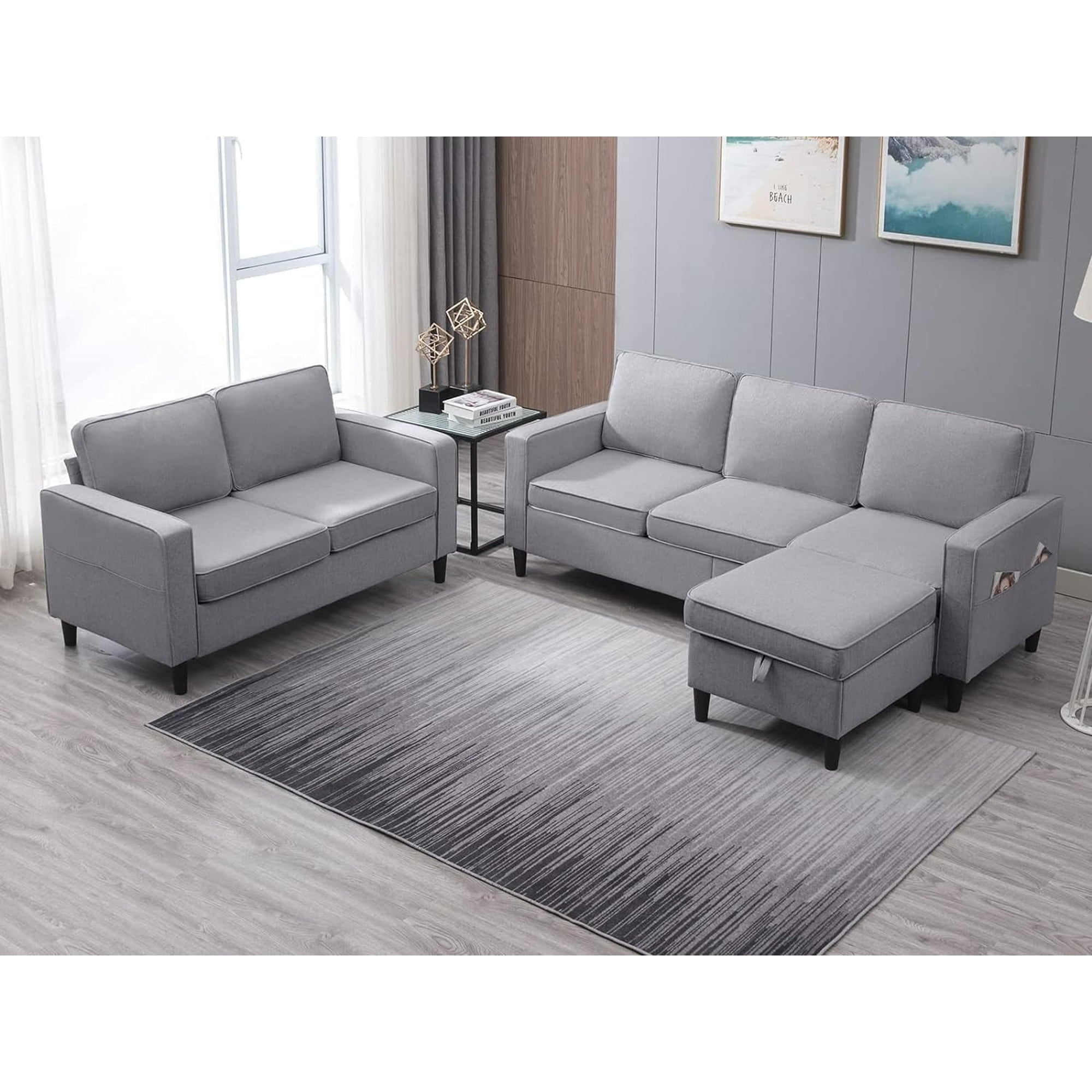 ijuicy Sectional Sofa Set,3PCS Living Room Furniture Couch Sets with Movable Storage Ottoman & Side Pockets,Include Sofa,Loveseat&Chair