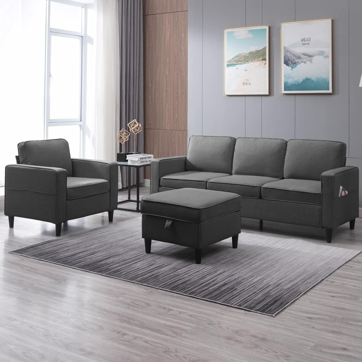 ijuicy Sectional Sofa Set,3PCS Living Room Furniture Couch Sets with Movable Storage Ottoman & Side Pockets,Include Sofa,Loveseat&Chair