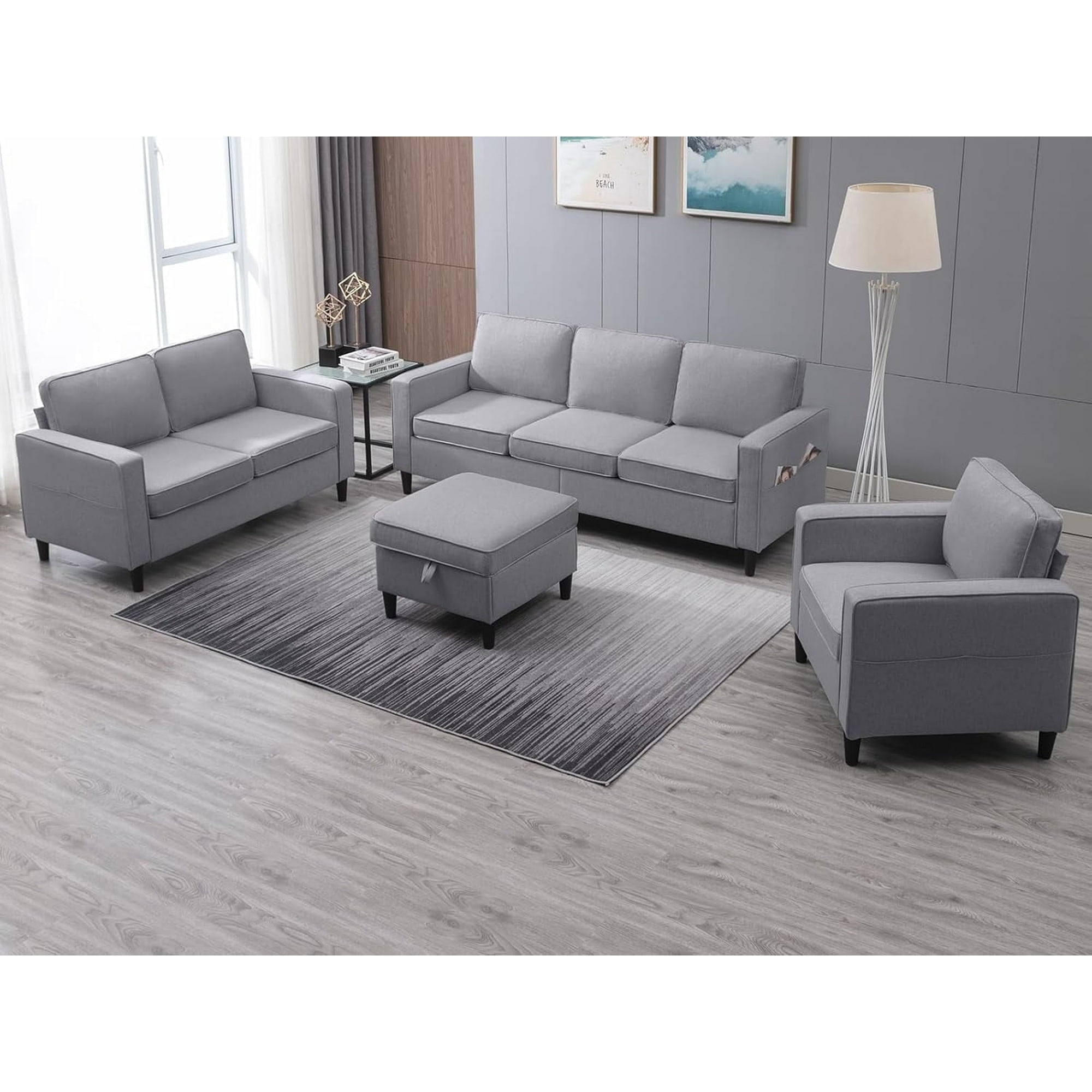 ijuicy Sectional Sofa Set,3PCS Living Room Furniture Couch Sets with Movable Storage Ottoman & Side Pockets,Include Sofa,Loveseat&Chair