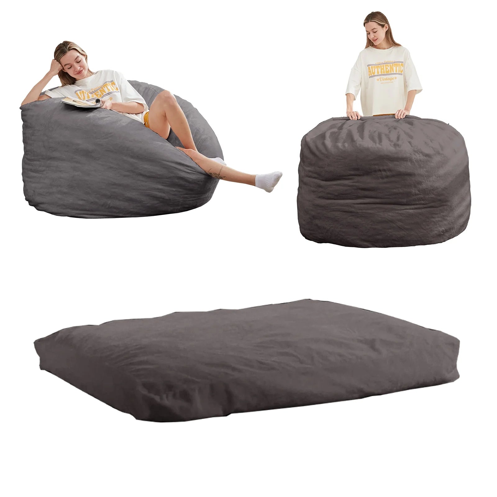 Cecer Giant Bean Bag Chair, Convertible Beanbag Folds from Lazy Chair to Floor Mattress Bed, Full Size Bean Bag Sofa with Filler Included