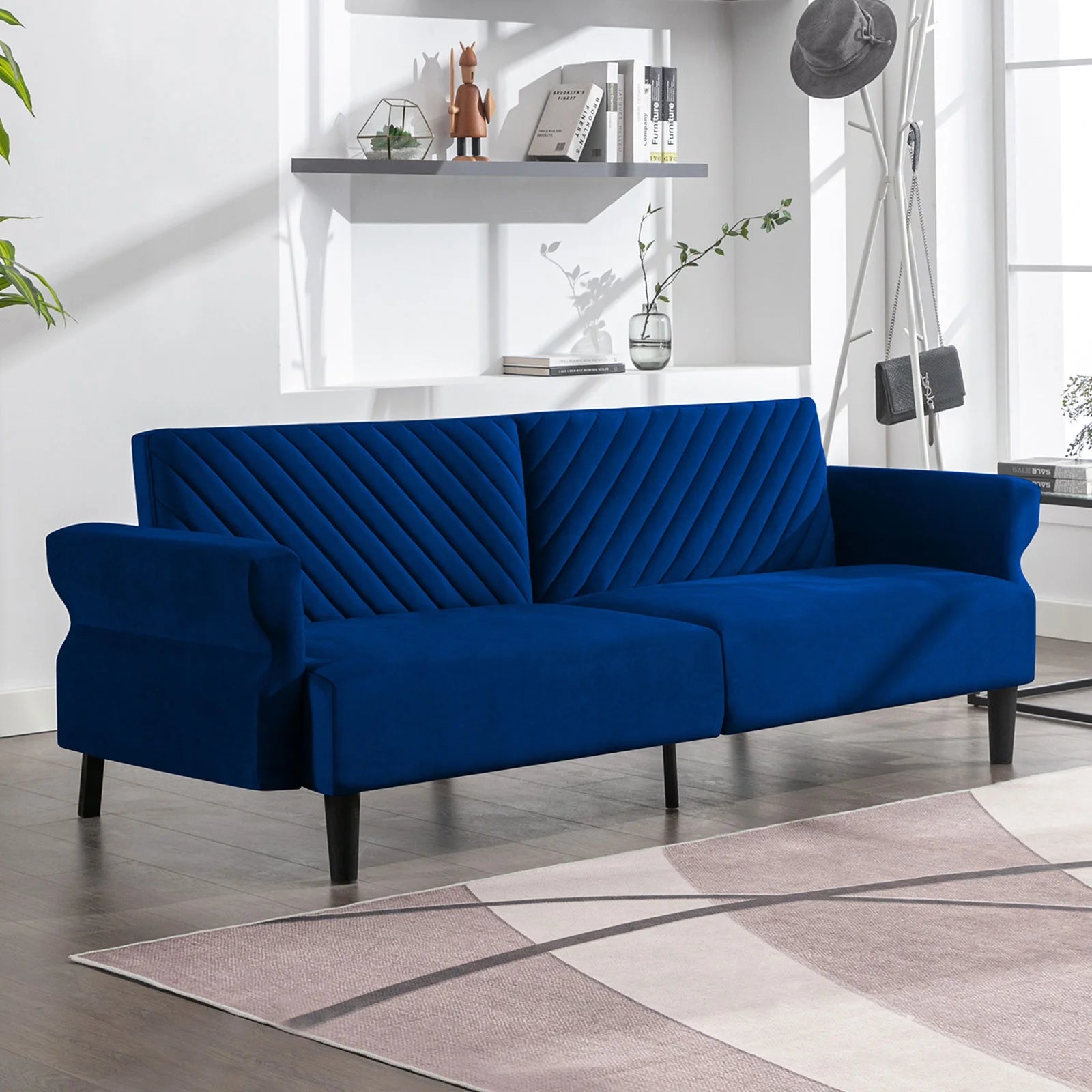 Cecer Modern Sofa Bed with Adjustable Backrest, Strips Tufted Loveseat, Velvet Fabric