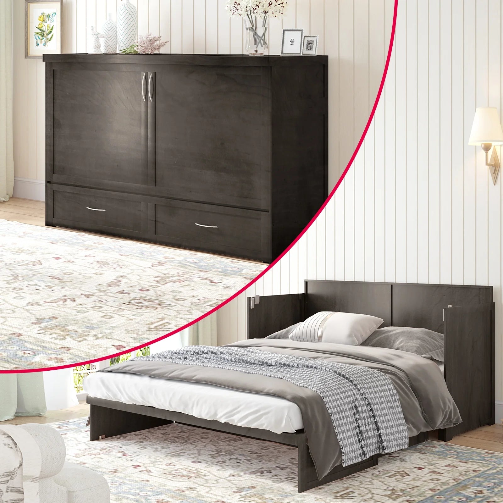 Cecer Queen Size Murphy Cabinet Bed with USB Charging Station&Folding Foam Mattress for Bedroom/Apartment/Living Room