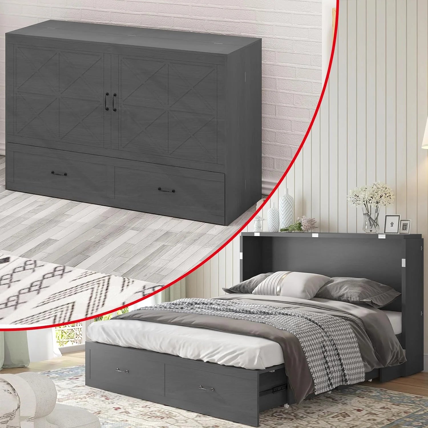 Cecer Queen Size Murphy Cabinet Bed with USB Charging Station&Folding Foam Mattress for Bedroom/Apartment/Living Room