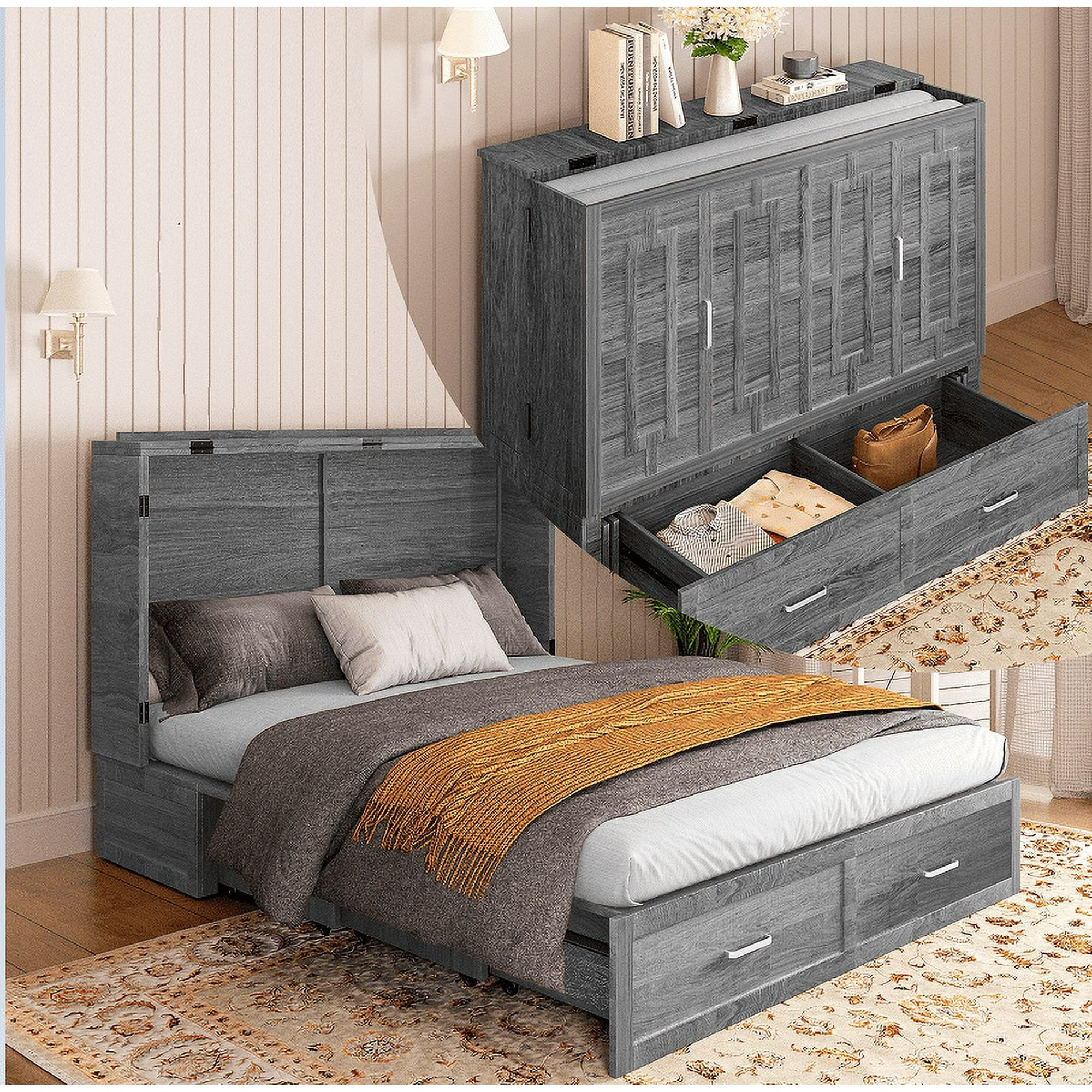 Cecer Queen Size Murphy Cabinet Bed with USB Charging Station&Folding Foam Mattress for Bedroom/Apartment/Living Room