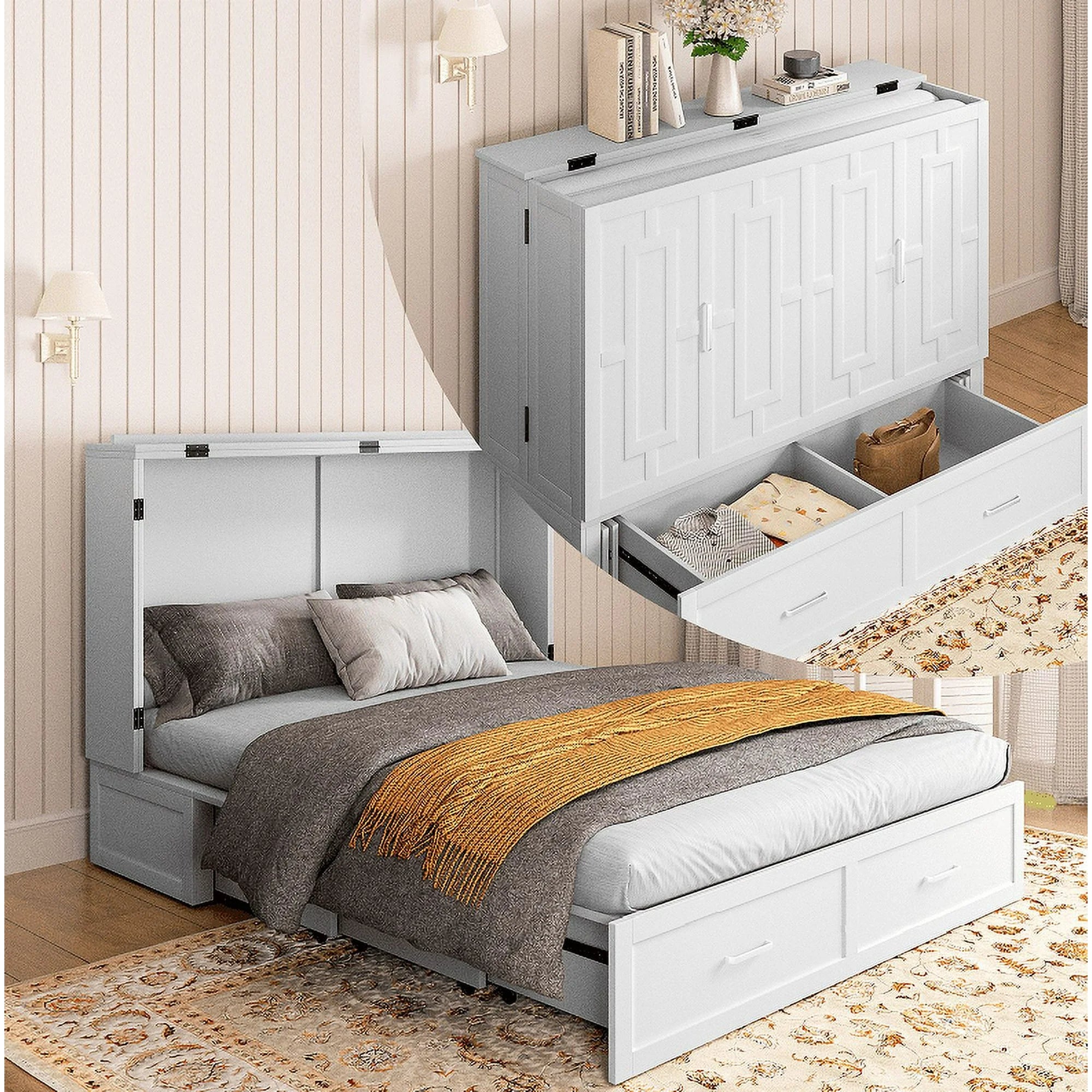 Cecer Queen Size Murphy Cabinet Bed with USB Charging Station&Folding Foam Mattress for Bedroom/Apartment/Living Room