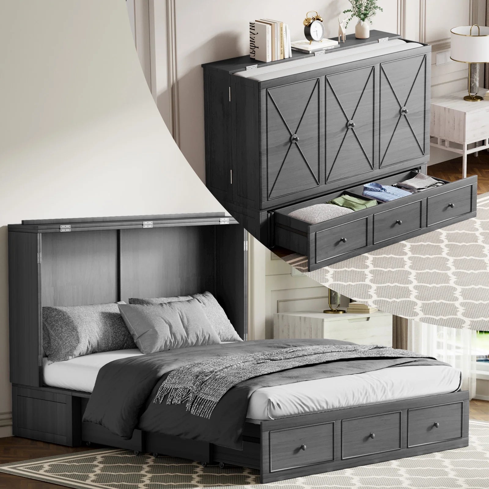 Cecer Queen Size Murphy Cabinet Bed with USB Charging Station&Folding Foam Mattress for Bedroom/Apartment/Living Room