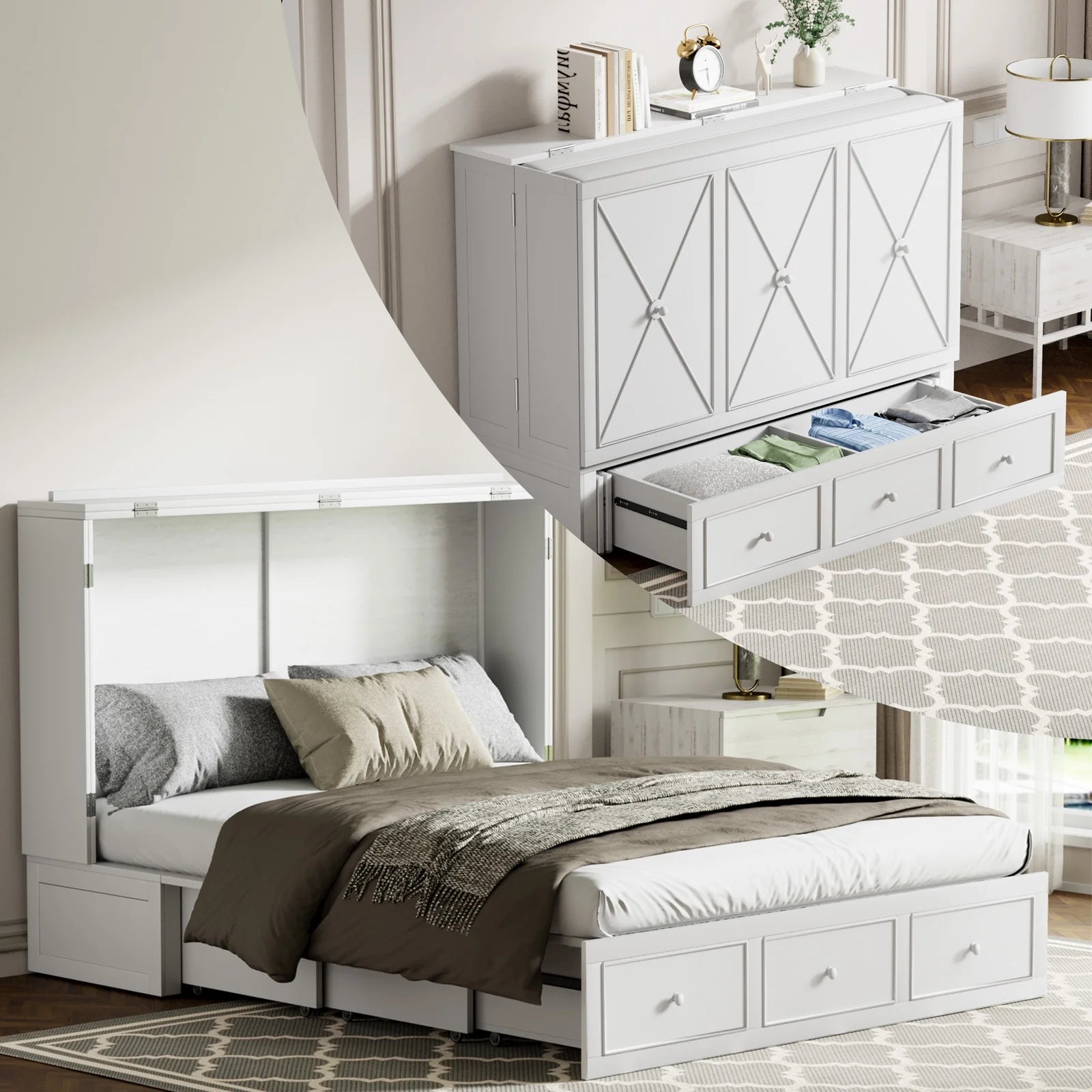 Cecer Queen Size Murphy Cabinet Bed with USB Charging Station&Folding Foam Mattress for Bedroom/Apartment/Living Room